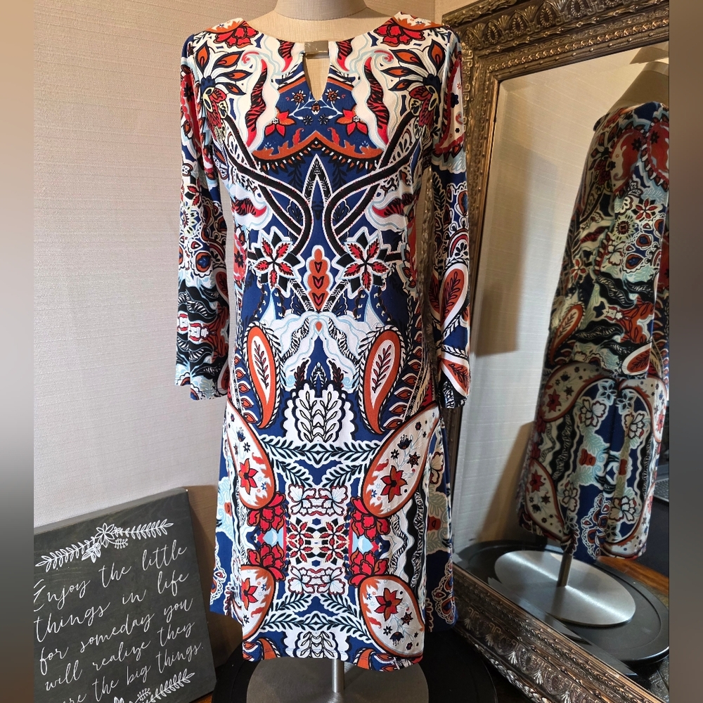 Haani 3/4 Sleeve Dress In Blue & Orange Hues.  Size Sm.  EUC.